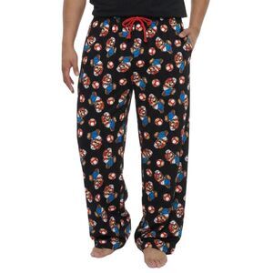 Nintendo Men's Super Mario & Mushroom All-Over Print Pajama Sleep Pants, Black